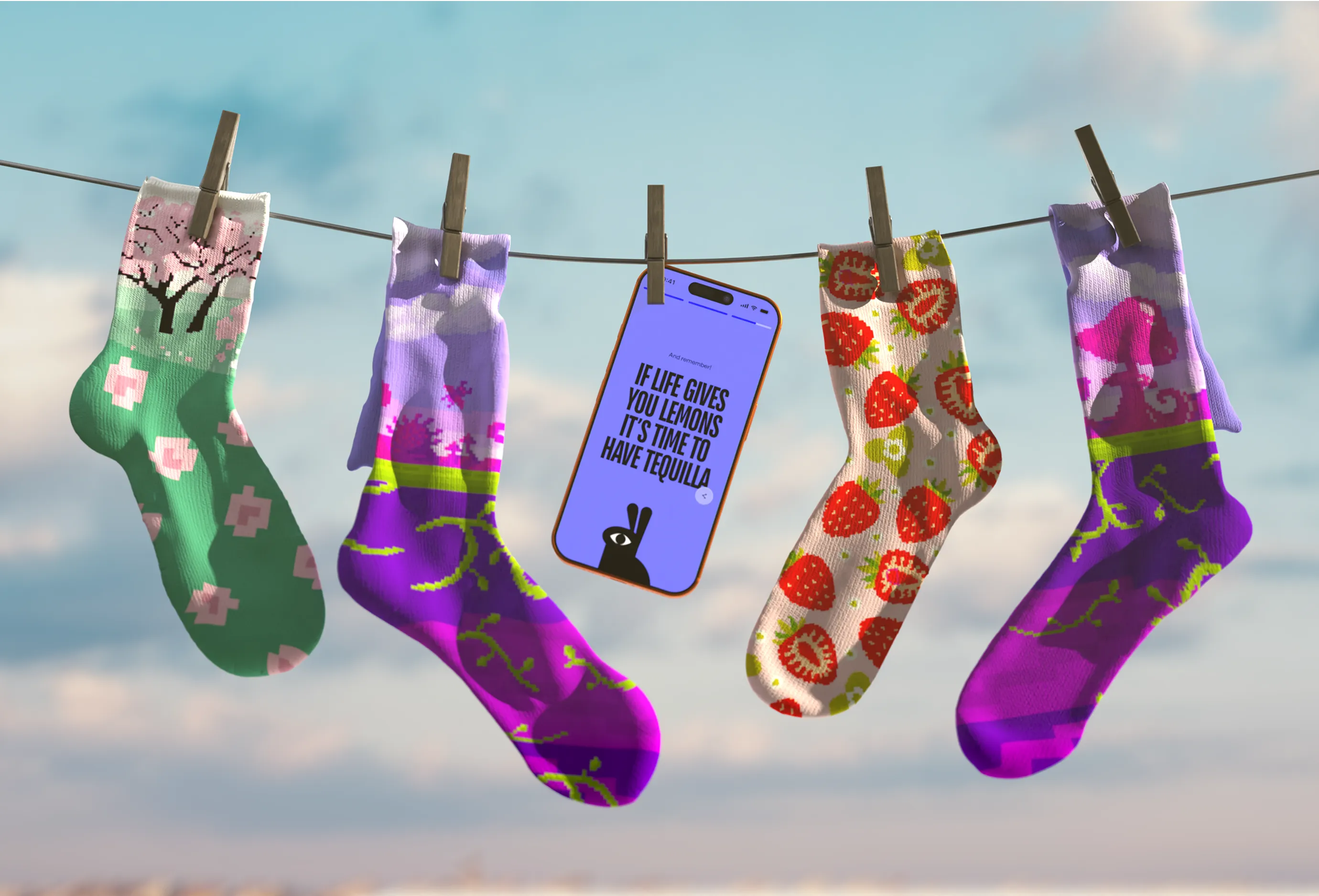 Estyl branded socks merch and rabbit mascot 3D visual