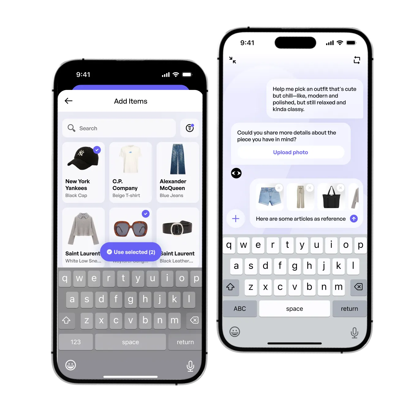 Estyl outfit chat and Add Items picker mobile UI