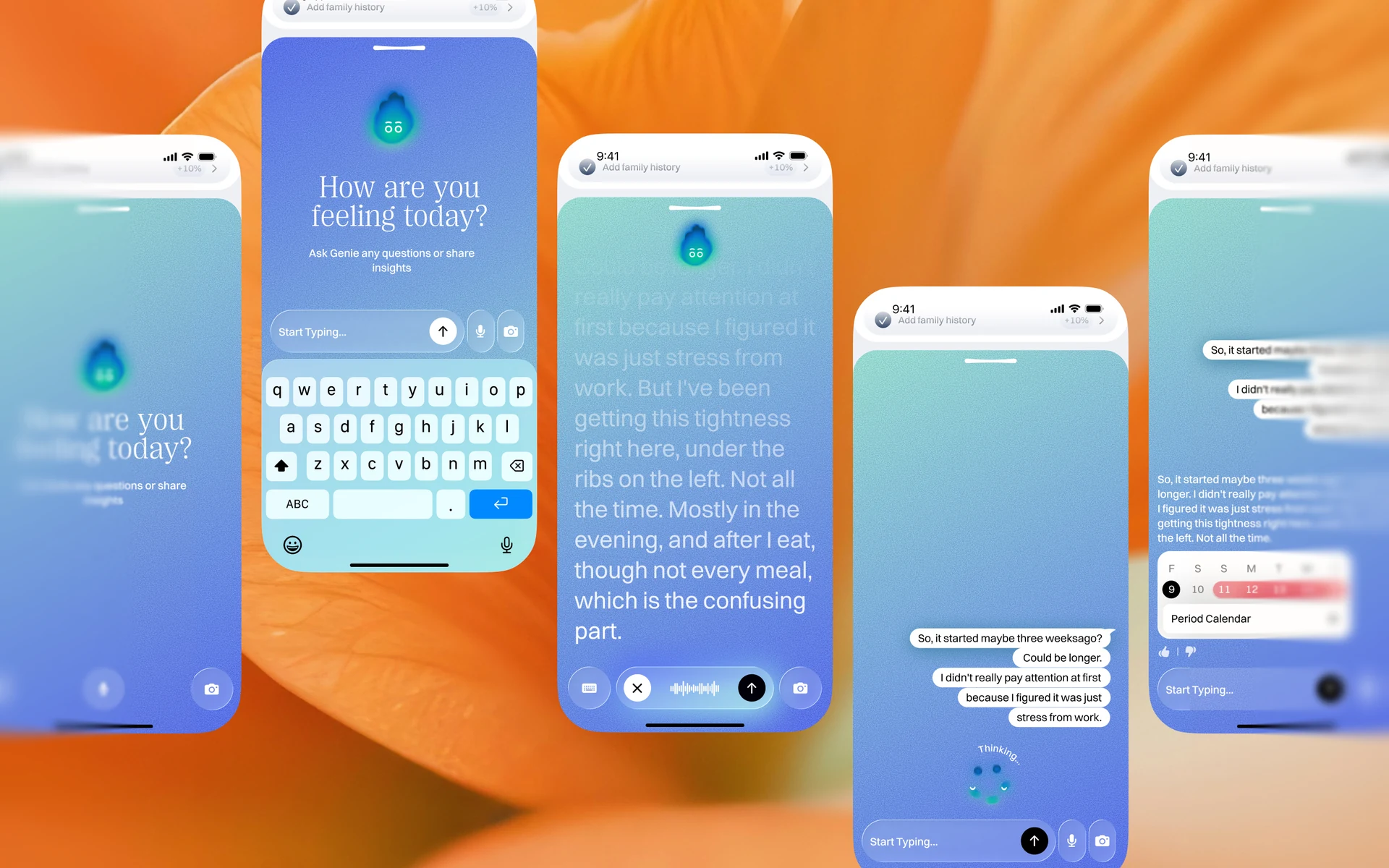 Genie Ask Genie chat voice input and symptom screens