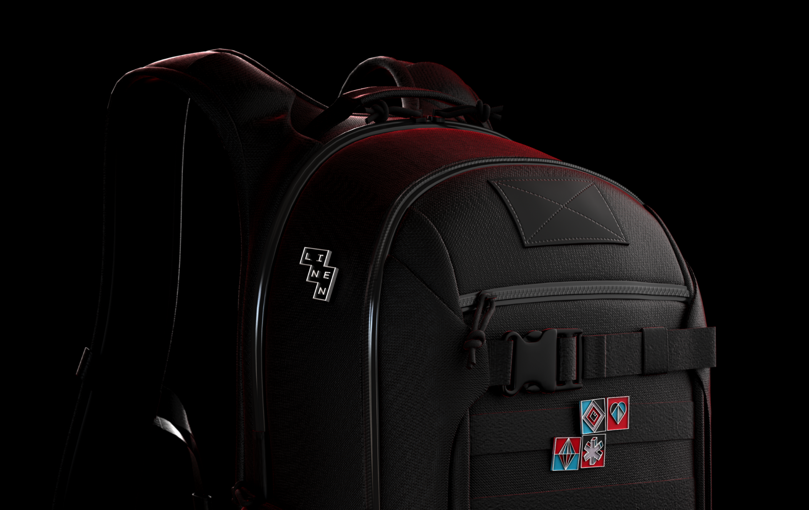 Linen brand visual — black backpack with logo patch and pin badges