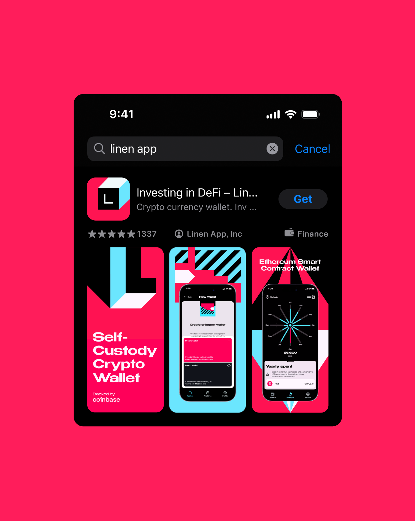 Linen App Store listing — self-custody crypto wallet product design
