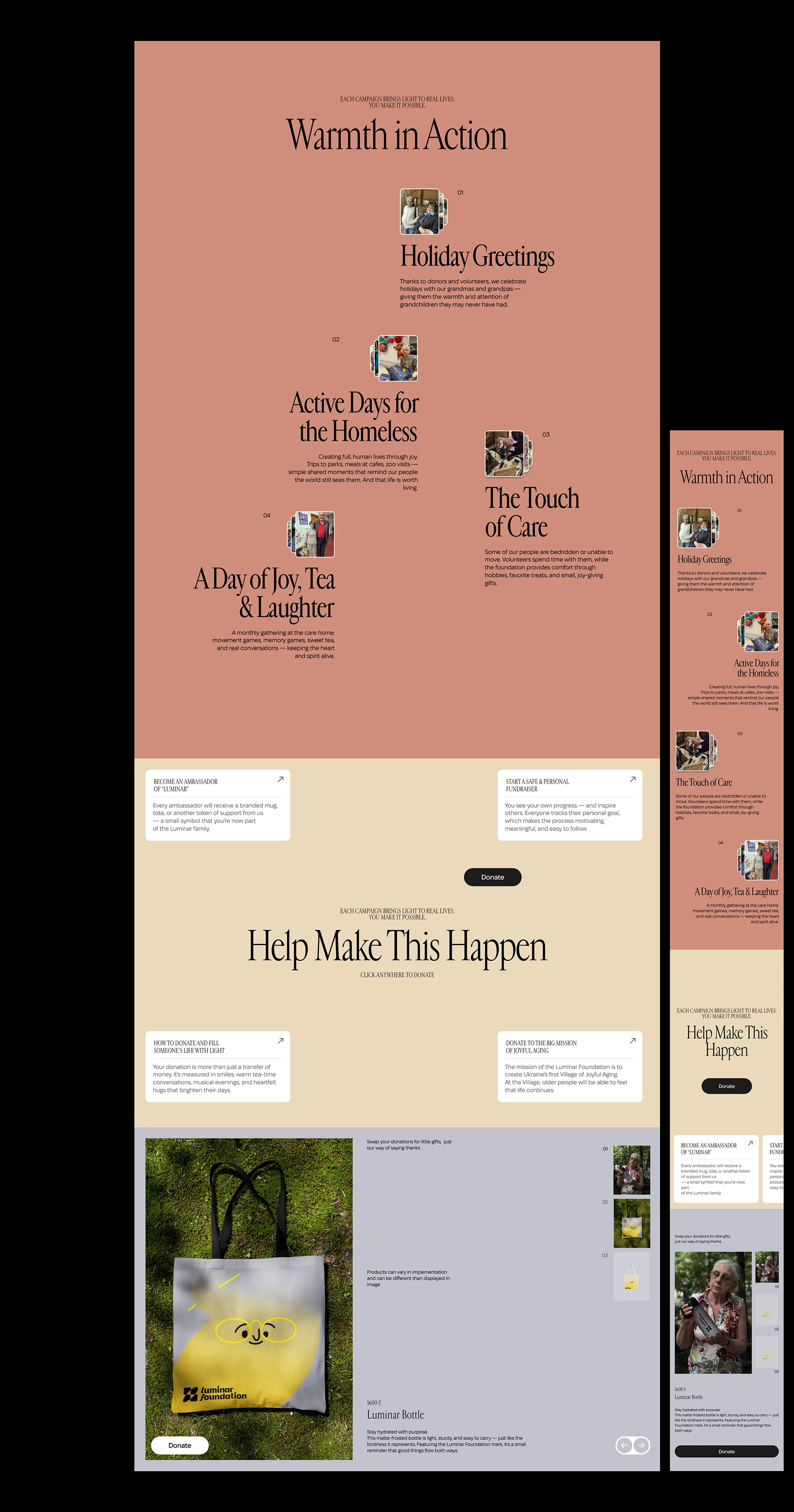 Luminar Warmth in Action landing page — campaign cards with elderly beneficiaries and merch