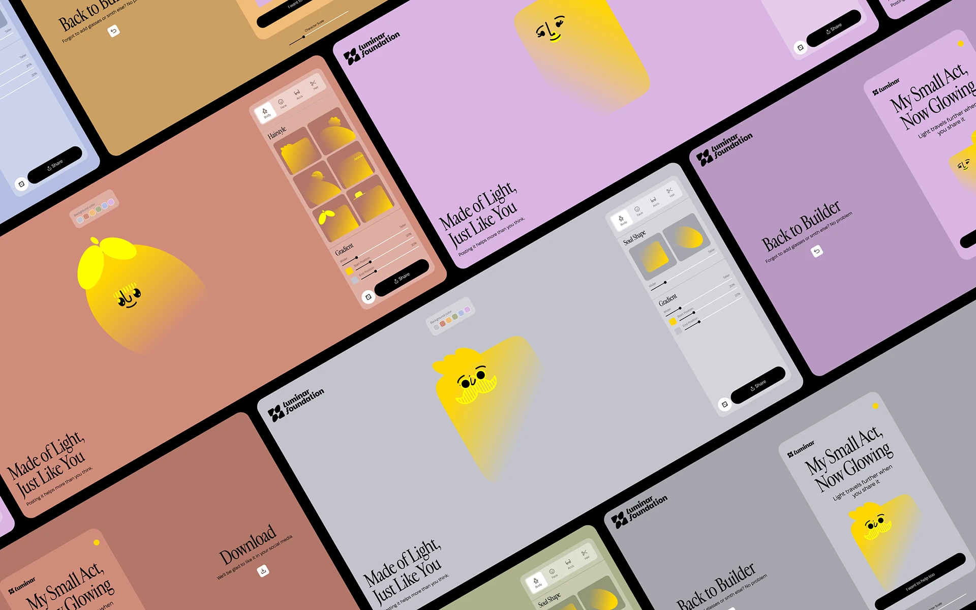 Luminar avatar builder UI grid — tinted screens customizing glowing light characters
