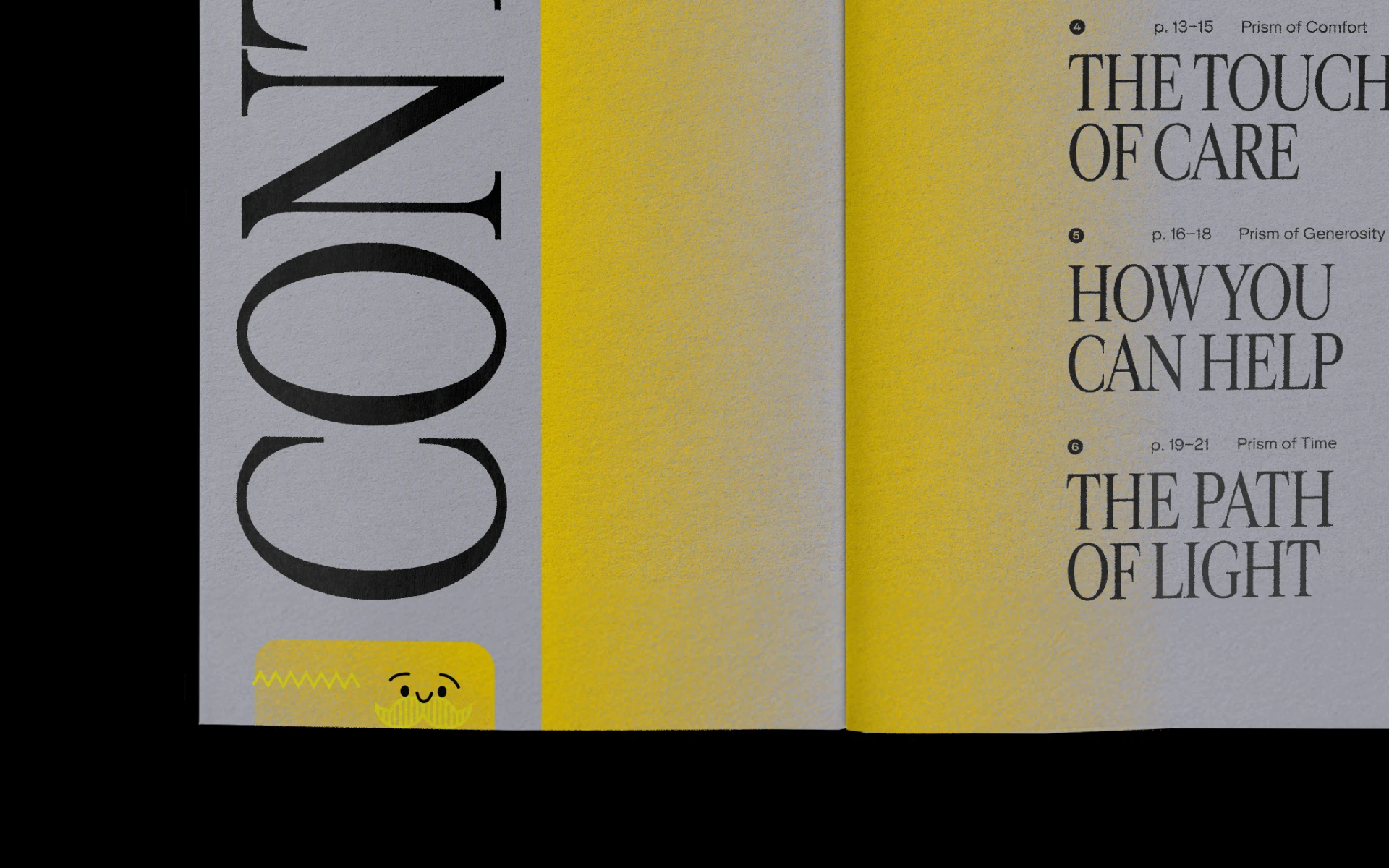 Luminar printed brochure spread — Contents index in Cardinal Fruit serif